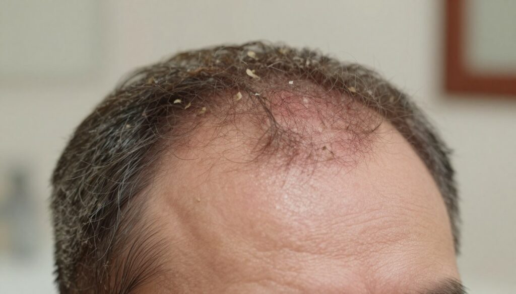 A close-up view of an adult person's scalp, showcasing the effects of dandruff (łupież skóry głowy). The foreground focuses on fine details of dry skin flakes, contrasting against healthy skin, under diffused natural lighting that highlights the texture. The middle layer features a variety of scalp conditions, such as redness and slight irritation, to illustrate the skin's imbalance. The background captures a blurred bathroom setting, suggesting personal care, with soft, warm tones that create an informative yet empathetic atmosphere. The overall mood reflects a scientific exploration of scalp health, emphasizing the underlying mechanisms of flaking and imbalance, without any explicit human features or distractions.