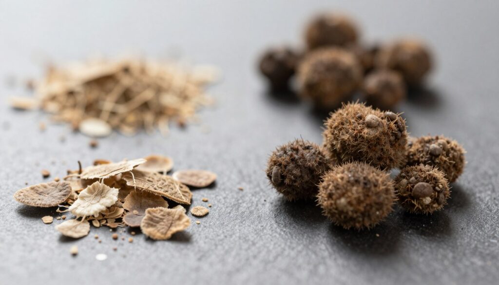 A close-up view of different types of dandruff, specifically showcasing dry dandruff flakes on one side and greasy dandruff clumps on the other, each placed on a contrasting dark surface for visibility. In the foreground, illustrate the texture and size of the flakes and clumps, highlighting their distinct characteristics. The middle layer features a light source that casts soft shadows, enhancing the details of the dandruff. The background remains blurred to keep focus on the dandruff types, with soft, neutral colors to evoke a clinical and informative atmosphere. The overall mood should be educational, with clean lines and a professional look, suitable for a health-related article.
