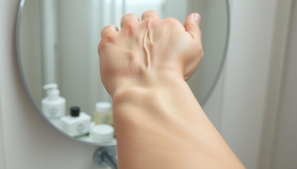 A close-up view of dry and dehydrated skin on a person's forearm, highlighting the visible texture and fine lines that illustrate skin dehydration. The skin appears slightly cracked and dull, contrasted with patches of healthy, glowing skin nearby. In the background, a soft-focused mirror reflects a minimalist bathroom setting, with gentle, neutral lighting to enhance the details of the skin. The angle captures both the subject's arm and a few skincare products in the background, suggesting a home skincare routine. The overall mood is calm and informative, aimed at educating viewers about distinguishing between dehydration and dryness in skin types. A close-up view of dry and dehydrated skin on a person's forearm, highlighting the visible texture and fine lines that illustrate skin dehydration. The skin appears slightly cracked and dull, contrasted with patches of healthy, glowing skin nearby. In the background, a soft-focused mirror reflects a minimalist bathroom setting, with gentle, neutral lighting to enhance the details of the skin. The angle captures both the subject's arm and a few skincare products in the background, suggesting a home skincare routine. The overall mood is calm and informative, aimed at educating viewers about distinguishing between dehydration and dryness in skin types.