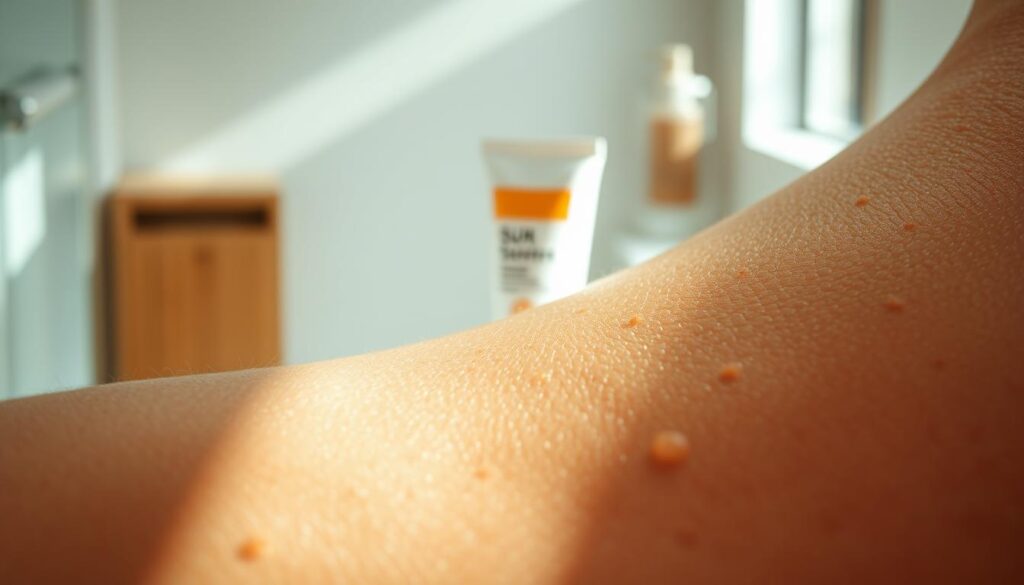 A close-up view of human skin textures showcasing enlarged pores, highlighting the importance of sun protection and skin regeneration. The foreground features a soft, diffused light illuminating the skin, revealing subtle details like tiny hairs and natural blemishes. In the middle, a bottle of sunscreen and a tube of moisturizer are artistically placed, emphasizing their role in skincare. The background is softly blurred, suggesting a serene bathroom setting with natural light filtering in through a window, creating a calming atmosphere. The overall mood should evoke a sense of care and self-improvement, with gentle, earthy tones enhancing the nurturing theme of the skincare routine. A close-up view of human skin textures showcasing enlarged pores, highlighting the importance of sun protection and skin regeneration. The foreground features a soft, diffused light illuminating the skin, revealing subtle details like tiny hairs and natural blemishes. In the middle, a bottle of sunscreen and a tube of moisturizer are artistically placed, emphasizing their role in skincare. The background is softly blurred, suggesting a serene bathroom setting with natural light filtering in through a window, creating a calming atmosphere. The overall mood should evoke a sense of care and self-improvement, with gentle, earthy tones enhancing the nurturing theme of the skincare routine.