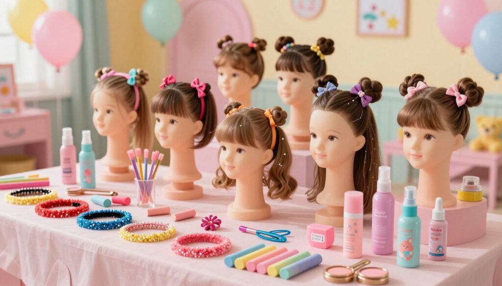 A colorful and lively scene featuring an array of safe, child-friendly hair accessories and cosmetics that create stunning hairstyles for kids. In the foreground, a table is adorned with vibrant hairbands, sparkly clips, playful hair chalk, and gentle kid-safe sprays, all presented in a whimsical style. In the middle ground, an imaginative display of styled hair showcases various quick hairstyles for children, complete with creative designs, such as cute ponytails and playful updos, using the featured products. The background features a cheerful, brightly colored room decorated with balloons and playful patterns, enhancing the festive atmosphere. Soft, warm lighting fills the space, creating an inviting and joyful mood, ideal for a fun children’s event. The angle captures the scene from a slightly elevated perspective, showcasing the variety of products and hairstyles effectively.