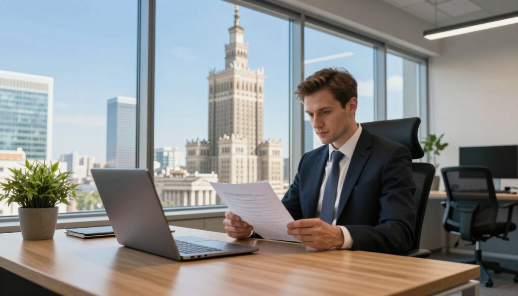 A contemporary office space in Warsaw, Poland, showcasing a modern, professional environment. The foreground features a sleek wooden desk with a laptop and a potted plant. In the middle, a well-dressed individual in business attire reviews documents while seated on an ergonomic chair. The background displays large windows with a view of iconic Warsaw architecture, such as the Palace of Culture and Science, under a clear blue sky. Natural light floods the room, creating a bright and inviting atmosphere. The scene conveys a sense of productivity and modernity, aiming for a balanced composition with a focus on professional ambiance and clarity.