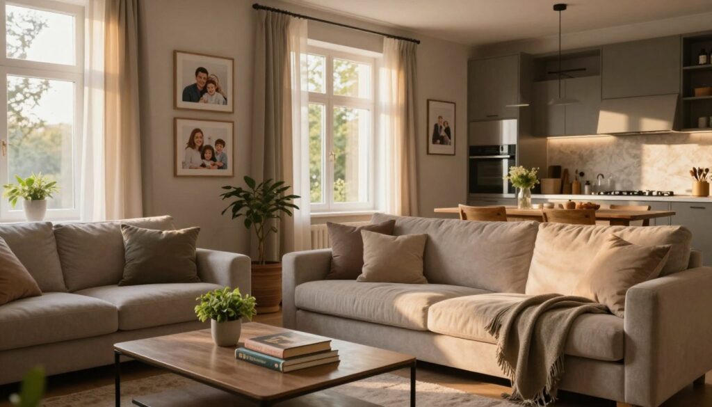 A cozy and elegant home interior belonging to Tatiana Okupnik, featuring a stylish living room filled with natural light. In the foreground, a plush sofa with soft cushions and a tasteful coffee table adorned with a few books and a small plant. The middle ground showcases a large window with sheer curtains, allowing golden sunlight to pour in, illuminating family photos on the walls. In the background, a glimpse of a chic kitchen can be seen, tastefully decorated with modern appliances and a rustic dining table. The atmosphere is warm and inviting, reflecting a nurturing space for raising children. The image is framed with a slight angle to enhance depth, with soft, diffused lighting creating a tranquil mood. No people are present, emphasizing the essence of home. A cozy and elegant home interior belonging to Tatiana Okupnik, featuring a stylish living room filled with natural light. In the foreground, a plush sofa with soft cushions and a tasteful coffee table adorned with a few books and a small plant. The middle ground showcases a large window with sheer curtains, allowing golden sunlight to pour in, illuminating family photos on the walls. In the background, a glimpse of a chic kitchen can be seen, tastefully decorated with modern appliances and a rustic dining table. The atmosphere is warm and inviting, reflecting a nurturing space for raising children. The image is framed with a slight angle to enhance depth, with soft, diffused lighting creating a tranquil mood. No people are present, emphasizing the essence of home.