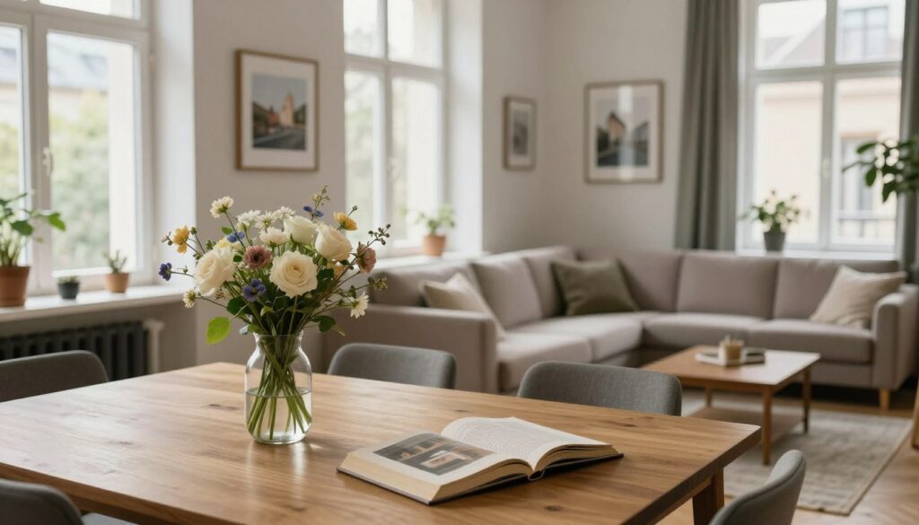 A cozy apartment in Łódź, Poland, featuring a stylish yet simple interior design. In the foreground, a wooden dining table set with an elegant vase of fresh flowers and a few books open, suggesting a warm, inviting atmosphere. The middle ground reveals a comfortable living room with a plush sofa and artistic decor, including framed photographs of Łódź. Soft, natural light streams in through large windows, illuminating the space and creating a calm, serene ambiance. In the background, glimpses of greenery can be seen outside the windows, hinting at a small garden or surrounding area. Capture the essence of urban living infused with personal touches, embodying a peaceful residential life.