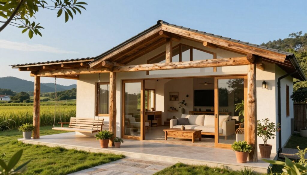 A cozy "barn-style" villa located in a serene countryside setting, featuring rustic wooden beams and large windows that invite natural light. In the foreground, a welcoming porch adorned with potted plants and a swinging bench creates an inviting atmosphere. The middle ground showcases a spacious open living area with minimalist furnishings, including a comfortable sofa and a coffee table made from reclaimed wood, blending contemporary style with rural charm. The background reveals verdant fields and gently rolling hills under a clear blue sky. The scene is illuminated by warm, golden hour lighting, creating a tranquil and homely mood, captured from a wide-angle perspective to emphasize the villa's inviting space and lifestyle. A cozy "barn-style" villa located in a serene countryside setting, featuring rustic wooden beams and large windows that invite natural light. In the foreground, a welcoming porch adorned with potted plants and a swinging bench creates an inviting atmosphere. The middle ground showcases a spacious open living area with minimalist furnishings, including a comfortable sofa and a coffee table made from reclaimed wood, blending contemporary style with rural charm. The background reveals verdant fields and gently rolling hills under a clear blue sky. The scene is illuminated by warm, golden hour lighting, creating a tranquil and homely mood, captured from a wide-angle perspective to emphasize the villa's inviting space and lifestyle.