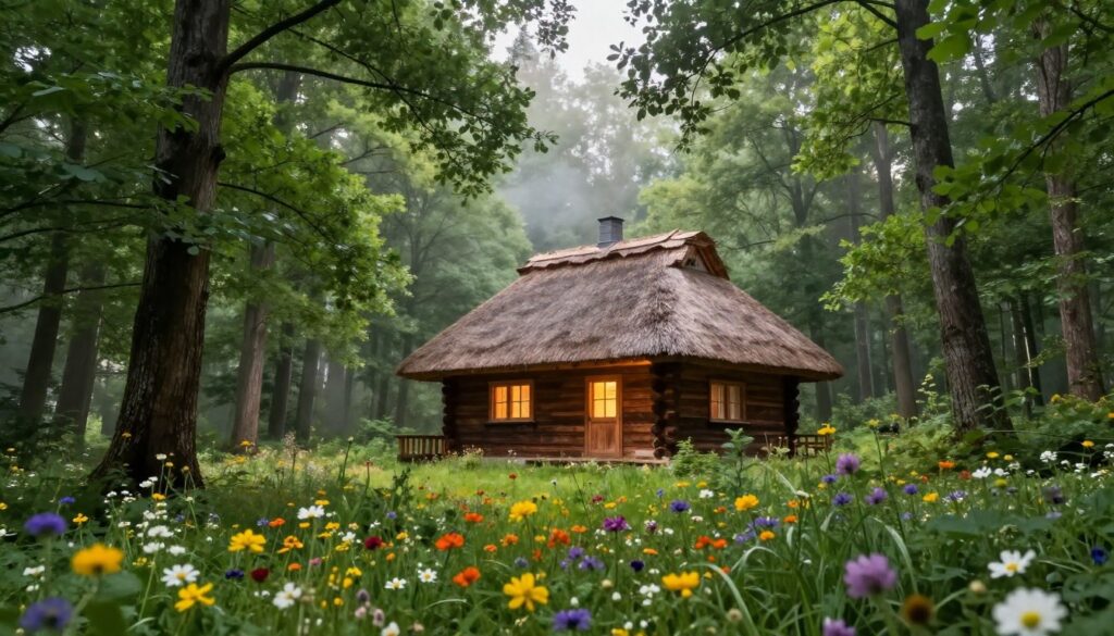 A cozy, enchanting forest house nestled deep within a lush, green woodland in Wielkopolska. The foreground features vibrant wildflowers in various colors, adding life to the scene. In the middle ground, the rustic wooden cabin, adorned with a thatched roof, emanates warmth with soft light glowing through the windows, suggesting a welcoming environment. Tall, majestic trees surround the cabin, their leaves creating a rich tapestry of greens, with dappled sunlight streaming through. The background showcases a serene, misty atmosphere, enhancing the sense of tranquility and isolation. The image should evoke a peaceful, magical mood, capturing the essence of a hidden retreat in nature, viewed from a slightly elevated angle to encompass the surroundings beautifully, with perfect clarity and rich details.