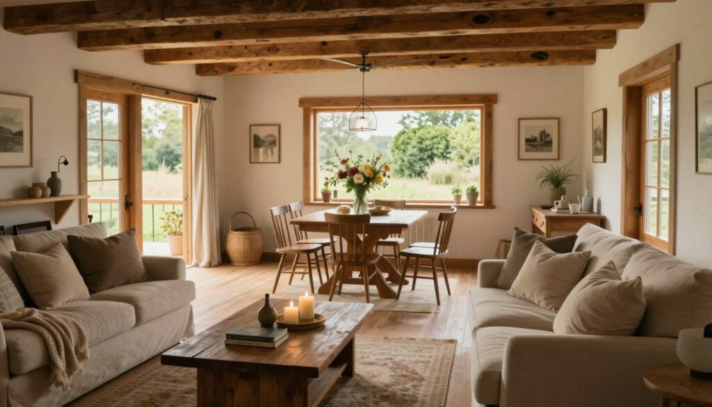 A cozy farmhouse interior featuring rustic wooden beams and a warm color palette, showcasing a spacious living area. In the foreground, a comfortable, stylish couch adorned with soft pillows, next to a rustic coffee table with a few decorative items like candles and books. In the middle, a vintage dining table surrounded by mismatched chairs, decorated with a vase of fresh flowers. The background is framed with a large window that allows natural light to pour in, illuminating the space and providing a view of lush greenery outside. The atmosphere is inviting and relaxed, embodying the essence of a farmhouse style with a modern touch. Soft, diffused lighting enhances the tranquil mood, and the scene is captured from a slightly elevated angle to showcase the openness of the layout.
