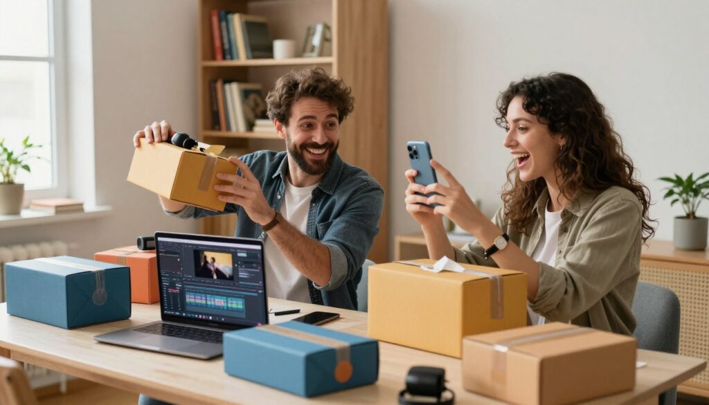 A cozy home office atmosphere featuring Binek and Dygotka, two content creators in their mid-30s, as they excitedly unbox packages filled with equipment for their latest video project. In the foreground, a table is cluttered with colorful boxes and packaging materials, with an open laptop displaying a screen filled with creative video editing software. In the middle ground, Binek, wearing a stylish casual shirt, holds up an item from a package, while Dygotka, dressed in comfortable but professional attire, captures the moment with her smartphone. The background showcases a well-lit bookshelf filled with inspiring books and décor, and a window allowing soft natural light to fill the room, creating an inviting and productive atmosphere. The mood is energetic and collaborative, embodying the creative process of content creation. A cozy home office atmosphere featuring Binek and Dygotka, two content creators in their mid-30s, as they excitedly unbox packages filled with equipment for their latest video project. In the foreground, a table is cluttered with colorful boxes and packaging materials, with an open laptop displaying a screen filled with creative video editing software. In the middle ground, Binek, wearing a stylish casual shirt, holds up an item from a package, while Dygotka, dressed in comfortable but professional attire, captures the moment with her smartphone. The background showcases a well-lit bookshelf filled with inspiring books and décor, and a window allowing soft natural light to fill the room, creating an inviting and productive atmosphere. The mood is energetic and collaborative, embodying the creative process of content creation.