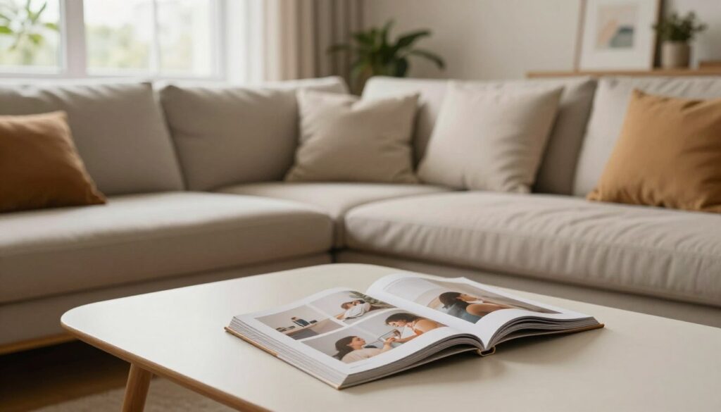 A cozy, minimalist living room showcasing an elegant home environment. In the foreground, there’s a stylish coffee table with an open magazine revealing a curated collection of photographs, each capturing intimate moments and everyday life. The middle ground features a comfortable, neatly arranged sofa adorned with soft cushions in warm tones, inviting viewers to imagine a serene atmosphere. In the background, large windows allow soft, natural light to pour in, creating a warm, inviting ambiance. Houseplants and subtle artwork adorn the walls, enhancing the homely feel. The overall mood is tranquil and introspective, reflecting the beauty in simplicity and the significance of small details in everyday life. The scene is photographed from a slightly elevated angle, emphasizing depth and inviting exploration without any distractions like text or watermarks.