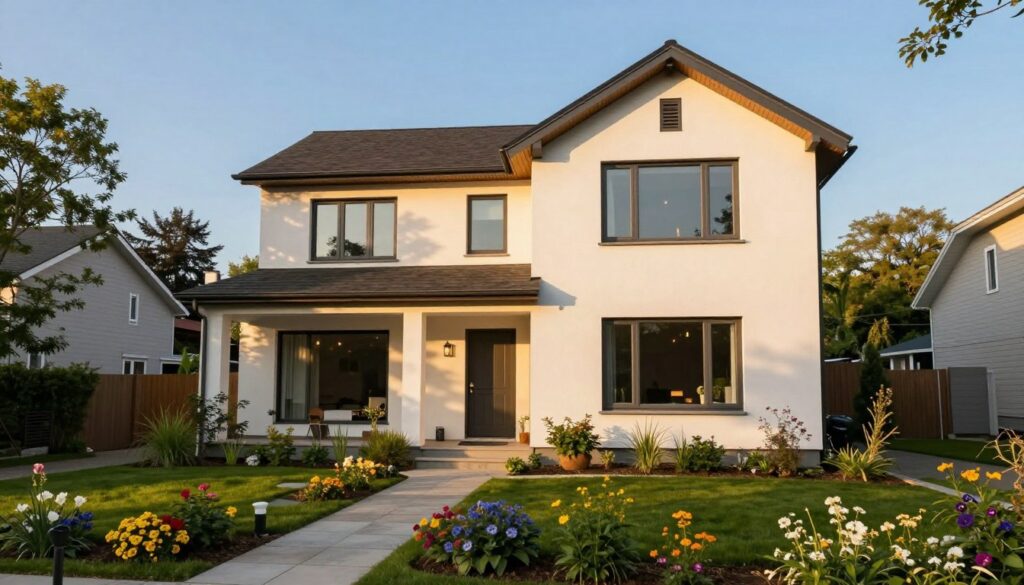 A cozy, modern home in a serene suburban setting, representing the residence of Kamil Bednarek. In the foreground, include a well-manicured garden with colorful flowers and a path leading to the front door. The middle ground features a stylish, contemporary house with large windows, allowing warm sunlight to filter through. The background showcases a peaceful neighborhood with trees and a clear blue sky, creating an inviting atmosphere. The lighting is soft and golden, reminiscent of late afternoon, enhancing the homey feel. The scene should evoke tranquility and a sense of belonging, capturing the essence of where an artist retreats after performances, inviting viewers to visualize Kamil Bednarek's personal space.