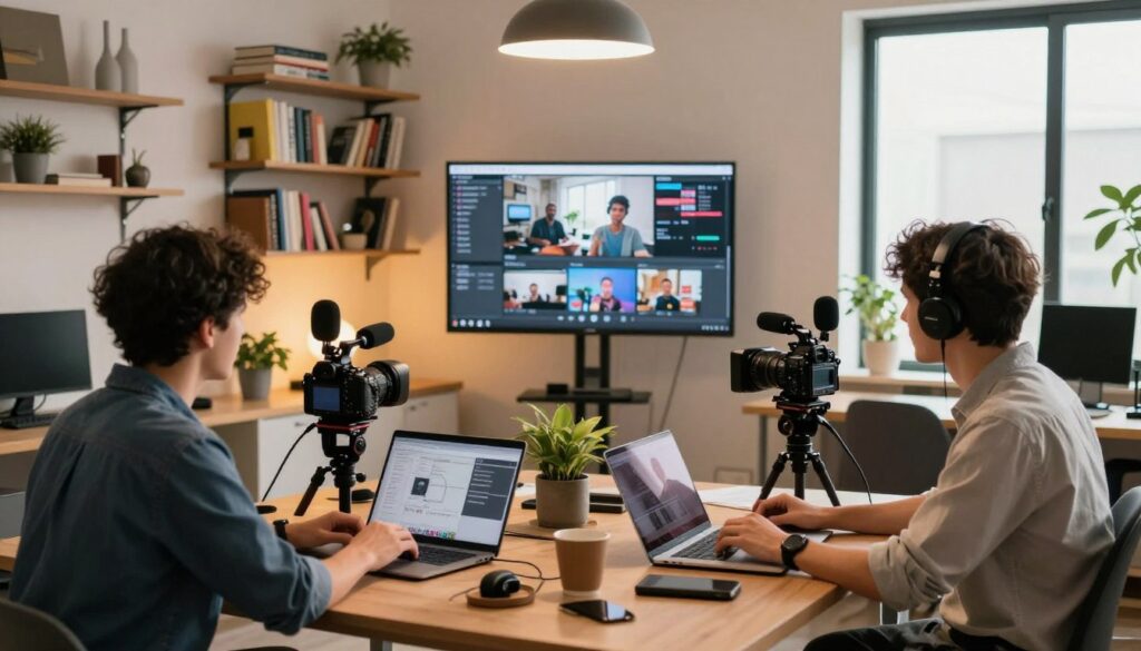 A cozy, modern workspace filled with creative energy. In the foreground, two brothers are engaged in video creation, surrounded by high-quality cameras, microphones, and laptops. They are dressed in smart casual attire that conveys professionalism and approachability. The middle layer reveals a large screen displaying their recent video project, while soft, warm lighting bathes the scene, creating a welcoming atmosphere. In the background, shelves are lined with books about video production, film, and communication, emphasizing their dedication to their craft. A large window lets in natural light, highlighting the organized yet vibrant space where they interact with their audience. The overall mood is spirited and collaborative, showcasing their dynamic process of content creation. A cozy, modern workspace filled with creative energy. In the foreground, two brothers are engaged in video creation, surrounded by high-quality cameras, microphones, and laptops. They are dressed in smart casual attire that conveys professionalism and approachability. The middle layer reveals a large screen displaying their recent video project, while soft, warm lighting bathes the scene, creating a welcoming atmosphere. In the background, shelves are lined with books about video production, film, and communication, emphasizing their dedication to their craft. A large window lets in natural light, highlighting the organized yet vibrant space where they interact with their audience. The overall mood is spirited and collaborative, showcasing their dynamic process of content creation.