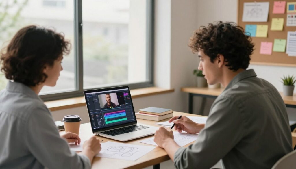A cozy, modern workspace interior featuring a stylish desk with a laptop open to a vibrant video editing software interface, surrounded by artistic clutter such as sketches, coffee cups, and books. In the foreground, two professional yet casually dressed individuals of diverse backgrounds are deeply engaged in a discussion, appearing focused and animated. The middle ground showcases a large window with natural light streaming in, illuminated by soft sunlight, enhancing the serene and creative atmosphere. In the background, a bulletin board filled with colorful notes and inspiration, indicating an active content creation process. The overall mood is collaborative and inspiring, evoking a sense of innovation and creativity in a dynamic workspace. A cozy, modern workspace interior featuring a stylish desk with a laptop open to a vibrant video editing software interface, surrounded by artistic clutter such as sketches, coffee cups, and books. In the foreground, two professional yet casually dressed individuals of diverse backgrounds are deeply engaged in a discussion, appearing focused and animated. The middle ground showcases a large window with natural light streaming in, illuminated by soft sunlight, enhancing the serene and creative atmosphere. In the background, a bulletin board filled with colorful notes and inspiration, indicating an active content creation process. The overall mood is collaborative and inspiring, evoking a sense of innovation and creativity in a dynamic workspace.