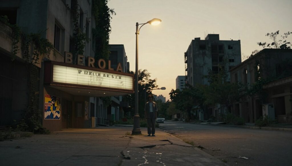 A desolate urban street scene at dusk, where a lone figure reminiscent of Pola Raksa stands under a flickering streetlamp, dressed in modest casual clothing, conveying a sense of nostalgia and mystery. The foreground features an empty, cracked pavement, symbolizing the passage of time. In the middle ground, an old cinema marquee shows faded letters, hinting at her past fame, with colorful posters peeling away. The background reveals a silhouette of tall, abandoned buildings with overgrown vines, enveloped in a soft golden glow from the setting sun. The atmosphere is melancholic yet tranquil, evoking feelings of loss and reflection, with soft bokeh effects highlighting the streetlamp and the figure, shot from a low angle to emphasize the isolation of the scene. A desolate urban street scene at dusk, where a lone figure reminiscent of Pola Raksa stands under a flickering streetlamp, dressed in modest casual clothing, conveying a sense of nostalgia and mystery. The foreground features an empty, cracked pavement, symbolizing the passage of time. In the middle ground, an old cinema marquee shows faded letters, hinting at her past fame, with colorful posters peeling away. The background reveals a silhouette of tall, abandoned buildings with overgrown vines, enveloped in a soft golden glow from the setting sun. The atmosphere is melancholic yet tranquil, evoking feelings of loss and reflection, with soft bokeh effects highlighting the streetlamp and the figure, shot from a low angle to emphasize the isolation of the scene.