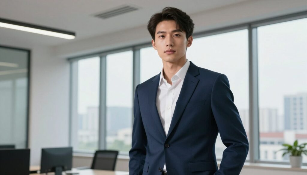 A detailed and professional portrait of a young man in a business setting, showcasing his confident demeanor. In the foreground, he stands with a relaxed pose, dressed in a tailored navy suit and a crisp white shirt. His features are sharp and defined, reflecting a youthful age, around 25 years old, with an athletic build. The middle ground reveals a sleek modern office environment, with a large window that lets in natural light, casting soft shadows that enhance the mood of professionalism. The background showcases a cityscape, indicating a bustling urban area. The overall atmosphere is one of determination and ambition, with bright lighting highlighting the subject’s features. The angle is slightly below eye level, creating a sense of engagement and approachability.