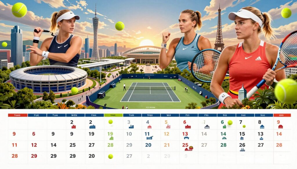 A detailed illustration of the WTA calendar year, showcasing a vibrant montage of professional women's tennis events around the world. In the foreground, depict a beautifully designed wall calendar featuring key tournament dates marked in bold colors, each adorned with mini-icons representing different cities. The middle ground displays iconic landmarks from various host cities, blending stadiums, busy airports, and lush tennis courts, symbolizing travel and competition. In the background, create a dynamic sky with light clouds, suggesting the passage of time and the global nature of the tour. Use warm, natural lighting to convey a sense of excitement and aspiration, while the perspective emphasizes the journey of tennis players like Svitolina balancing life on the tour. The overall mood should be vibrant, energetic, and inspiring, reflecting the essence of women's professional tennis.