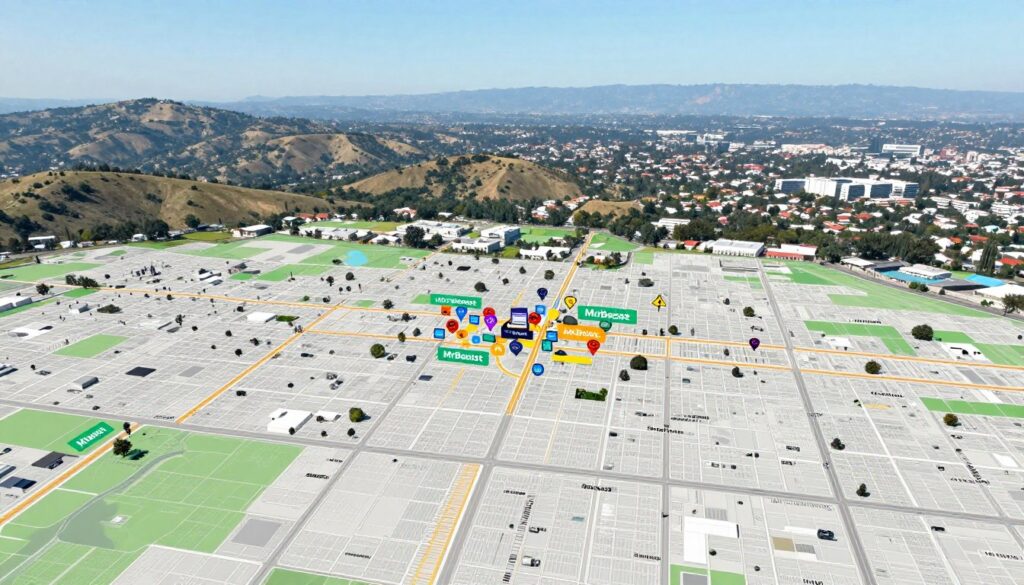 A detailed map of a vibrant region, showcasing various locations relevant to a popular content creator. In the foreground, clearly marked streets and landmarks are highlighted, emphasizing key areas associated with MrBeast, such as filming sites and office locations. The middle ground features colorful icons representing hotspots of activity and social engagement. In the background, a panoramic view of rolling hills and urban landscapes under a bright, sunny sky creates an inviting atmosphere. The image should be well-lit, with a balanced contrast to enhance clarity. Use a slightly elevated angle to capture the full layout of the map while keeping a professional and informative vibe, free of text and unnecessary distractions.