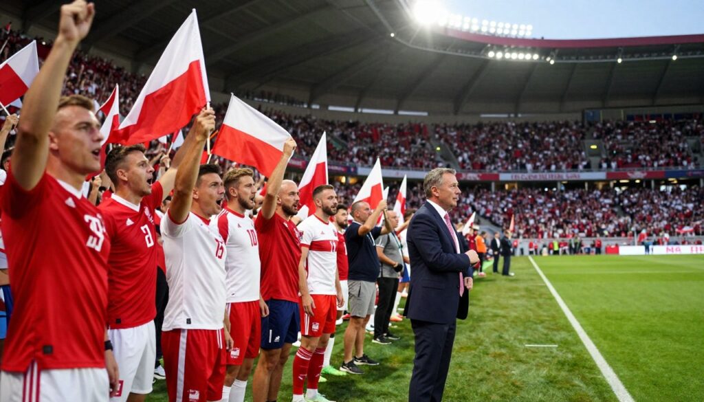 A dynamic composition showcasing the iconic colors of the Polish national football team, featuring a detailed football pitch as the foreground. In the foreground, a group of enthusiastic fans dressed in red and white jerseys wave flags, their expressions filled with excitement and pride. The middle ground highlights a sharp-looking coach, wearing a tailored suit, observing the game with intense focus. In the background, a vibrant stadium filled with cheering supporters under dramatic evening lighting, casting a warm glow over the scene. The angle captures the energy of the moment, emphasizing both the passion for football and the significance of Jan Urban's role as a coach. The atmosphere is electric, reflecting the spirit of teamwork and national pride, with no text or logos included.