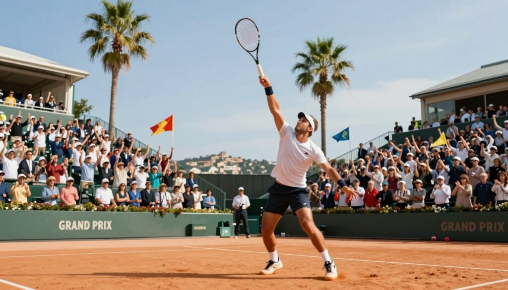 A dynamic tennis scene capturing the excitement of a Grand Prix event, featuring a well-known tennis player in professional attire, energetically serving a tennis ball on a sandy court. The foreground showcases the athlete in action, focusing on their determined expression and athletic form. In the middle ground, a vibrant crowd of enthusiastic spectators waves flags and cheers, adding to the spirited atmosphere. The background reveals a picturesque coastline under a clear blue sky, with palm trees swaying gently in the breeze. Soft, warm sunlight bathes the scene, creating a lively and festive mood. The shot is taken from a low angle, emphasizing the intensity of the match and the grandeur of the setting, evoking the thrill of tennis tournaments in glamorous locations like Monte Carlo. A dynamic tennis scene capturing the excitement of a Grand Prix event, featuring a well-known tennis player in professional attire, energetically serving a tennis ball on a sandy court. The foreground showcases the athlete in action, focusing on their determined expression and athletic form. In the middle ground, a vibrant crowd of enthusiastic spectators waves flags and cheers, adding to the spirited atmosphere. The background reveals a picturesque coastline under a clear blue sky, with palm trees swaying gently in the breeze. Soft, warm sunlight bathes the scene, creating a lively and festive mood. The shot is taken from a low angle, emphasizing the intensity of the match and the grandeur of the setting, evoking the thrill of tennis tournaments in glamorous locations like Monte Carlo.