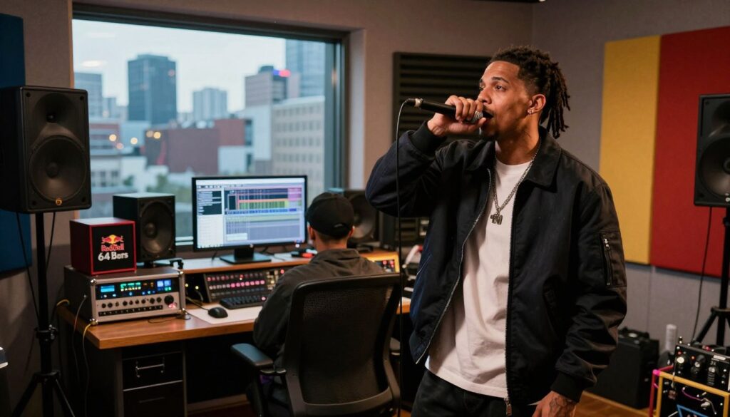 A dynamic urban scene showcasing a powerful hip-hop performance inside a stylish studio, highlighting a vibrant artist recording their verse for "Red Bull 64 Bars". In the foreground, a charismatic musician in smart casual attire passionately raps into a microphone, with bright stage lights illuminating their focused expression. In the middle ground, sound engineers monitor audio levels on high-tech equipment, surrounded by colorful acoustic panels. The background features a large window with a view of a bustling city skyline, creating an energetic atmosphere. Soft, warm lighting enhances the mood, casting dynamic shadows that emphasize movement. The overall feel is one of creativity, collaboration, and excitement in the hip-hop culture.