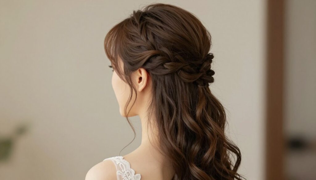 A graceful half-up hairstyle seen from the back, showcasing delicate braids and loose strands of hair that frame the face softly. The hair is styled elegantly, with a few gentle waves cascading down the shoulders, providing a romantic yet refined appearance. The setting features soft, diffused lighting that highlights the texture of the hair while creating a warm and inviting atmosphere. The background is softly blurred to ensure the focus remains on the hair and its intricate details. The ambiance conveys a sense of elegance and tranquility, perfect for a bridal inspiration theme. The image captures a professional look, set against a neutral backdrop to enhance the hairstyle's beauty.