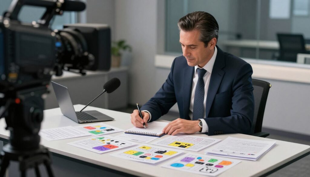 A high-resolution, professional studio setting featuring a confident individual in business attire, engaged in a creative brainstorming session. In the foreground, a sleek modern desk is cluttered with colorfully illustrated storyboards and scripts. The middle ground reveals the individual, a middle-aged man with slicked-back hair, deeply focused while jotting down notes. Behind him, the blurred outlines of a radio microphone and television camera suggest a dynamic media environment. Soft, even lighting casts an inviting glow, enhancing the atmosphere of creativity and collaboration. The scene conveys a sense of professionalism and artistic dedication, perfect for highlighting a career in radio, television, and screenwriting.