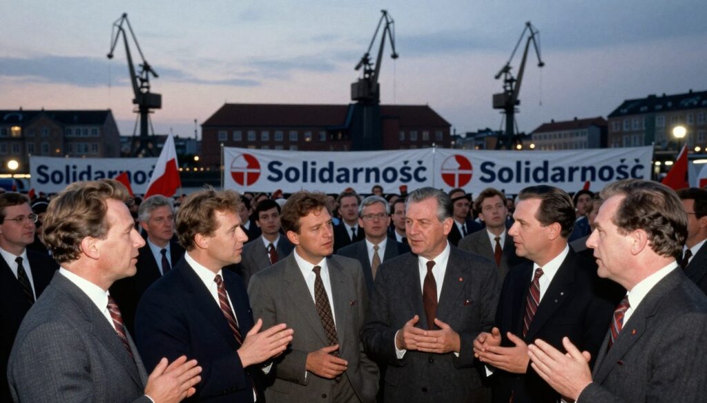 A historic depiction of the "Solidarity" movement in Poland during the 1980s and early 1990s. In the foreground, a diverse group of professional individuals, dressed in business attire, engage in an animated discussion, symbolizing unity and collaboration. Their expressions convey determination and hope. The middle ground features a rally scene, with banners displaying the iconic "Solidarność" logo and passionate supporters gathering. In the background, a cityscape of Gdańsk, with the shipyard's iconic cranes silhouetted against a dusky sky, illuminated by soft, ambient lighting to evoke a sense of nostalgia and resilience. The atmosphere should be inspiring, capturing the spirit of empowerment and collective action during a transformative period in Polish history. A historic depiction of the "Solidarity" movement in Poland during the 1980s and early 1990s. In the foreground, a diverse group of professional individuals, dressed in business attire, engage in an animated discussion, symbolizing unity and collaboration. Their expressions convey determination and hope. The middle ground features a rally scene, with banners displaying the iconic "Solidarność" logo and passionate supporters gathering. In the background, a cityscape of Gdańsk, with the shipyard's iconic cranes silhouetted against a dusky sky, illuminated by soft, ambient lighting to evoke a sense of nostalgia and resilience. The atmosphere should be inspiring, capturing the spirit of empowerment and collective action during a transformative period in Polish history.
