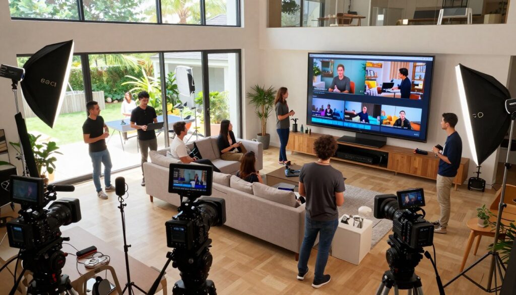 A large, modern home transformed into a bustling content creation studio. In the foreground, vibrant production equipment like cameras, lighting rigs, and microphones are neatly arranged, reflecting a busy atmosphere. The middle of the scene showcases a spacious living area filled with large screens displaying various video clips, with creative team members in smart casual outfits collaborating and discussing. In the background, large windows allow natural light to flood in, illuminating an outdoor area with greenery, where additional setups for filming can be seen. The atmosphere is energetic and innovative, evoking the excitement of creating engaging content. The composition should be well-lit, with a warm color palette, taken from a slightly elevated angle to capture both the interior and exterior seamlessly.