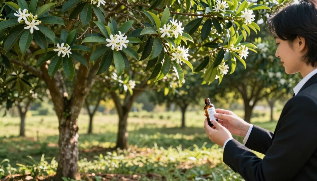 A lush, serene scene of a tea tree forest, with tall, slender trees showcasing vibrant green leaves and delicate white flowers. In the foreground, an individual dressed in professional business attire examines a bottle of tea tree oil, highlighting the connection to hair care. The middle ground features more tea trees, their textured bark and foliage creating depth, while the background offers a blurred view of a sunlit meadow, enhancing the peaceful atmosphere. The lighting is soft and warm, suggesting a gentle morning or late afternoon sun, casting subtle shadows on the ground. The overall mood is calm and informative, emphasizing the natural beauty and health benefits of tea tree extract.