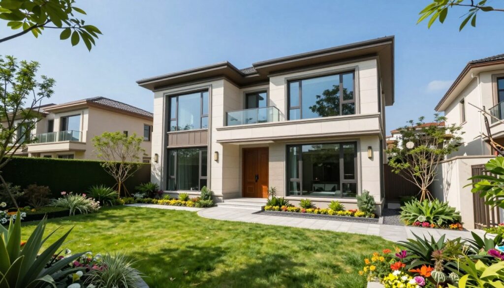 A luxurious and contemporary residence designed for a successful entrepreneur, showcasing elegant architecture with large glass windows and a beautiful garden in the foreground. The property is situated in a serene urban neighborhood, with manicured lawns and modern landscaping, including flowering plants and vibrant greenery. In the middle ground, pathways lead to a stylish entrance with a sleek wooden door. In the background, a clear blue sky enhances the bright atmosphere, casting natural light onto the scene, which conveys a sense of prosperity and success. The mood is uplifting and inviting, suggesting a harmonious blend of work and comfort, perfect for business ventures. The image captures the essence of modern luxury living.