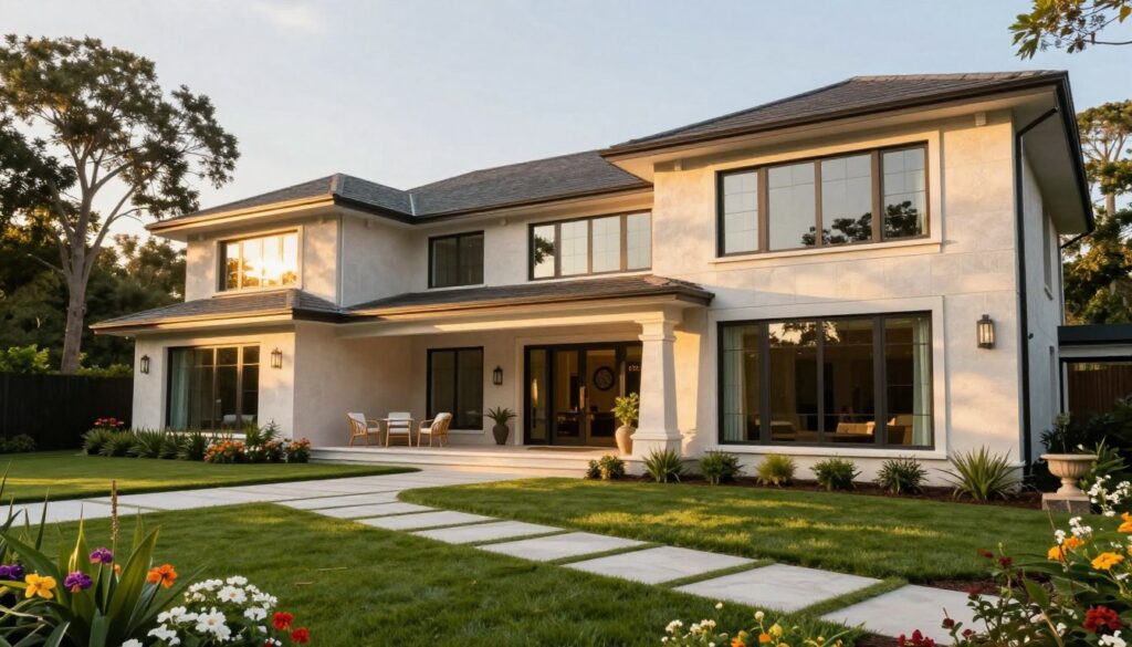 A luxurious modern home exterior, showcasing a sprawling, elegant facade with large glass windows reflecting the sunlight. The foreground features a manicured lawn with vibrant flowers and a stylish pathway leading up to the entrance. In the middle ground, a contemporary porch with chic outdoor furniture invites relaxation, while in the background, tall trees add privacy and a sense of seclusion. The scene is bathed in warm, golden hour lighting, enhancing the inviting atmosphere. The angle captures the home from a slight elevation, emphasizing its grandeur and architectural details. A serene and sophisticated mood pervades the image, depicting a safe and welcoming environment for a public figure like Charli D’Amelio. A luxurious modern home exterior, showcasing a sprawling, elegant facade with large glass windows reflecting the sunlight. The foreground features a manicured lawn with vibrant flowers and a stylish pathway leading up to the entrance. In the middle ground, a contemporary porch with chic outdoor furniture invites relaxation, while in the background, tall trees add privacy and a sense of seclusion. The scene is bathed in warm, golden hour lighting, enhancing the inviting atmosphere. The angle captures the home from a slight elevation, emphasizing its grandeur and architectural details. A serene and sophisticated mood pervades the image, depicting a safe and welcoming environment for a public figure like Charli D’Amelio.