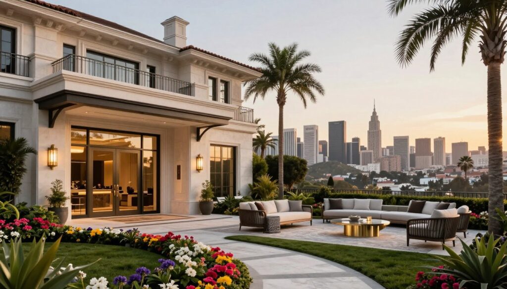 A luxurious residence inspired by the iconic styles of New York and Los Angeles, featuring elegant architecture that blends modern and classic elements. In the foreground, a beautifully landscaped garden with vibrant flowers and palm trees, leading to a stunning entrance with large glass doors. In the middle ground, show a glamorous outdoor seating area adorned with chic furniture, capturing a sophisticated Hollywood vibe. The background showcases a stunning skyline view of New York on one side and the rolling hills of Los Angeles on the other, hinting at fame and elegance. Soft golden hour lighting bathes the scene, creating a warm and inviting atmosphere. The mood is tranquil yet opulent, reflecting the lifestyle of a cinematic legend. No individuals present in the image.