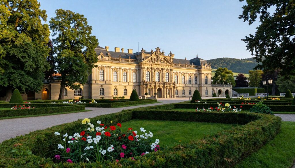 A majestic view of Pałac Korczew set amidst lush green gardens, capturing the elegance of this historic palace. In the foreground, a neatly trimmed hedge lines the path leading to the entrance, adorned with vibrant blooming flowers. The middle ground showcases the ornate façade of the palace, featuring large windows and intricate architectural details, bathed in soft afternoon light. Surrounding the palace, tall trees provide a canopy, creating a serene atmosphere. In the background, gentle hills roll into the distance under a clear blue sky. The scene is tranquil, evoking a sense of nostalgia and heritage. The angle is slightly elevated, providing a panoramic view that emphasizes the grandeur of the palace. A majestic view of Pałac Korczew set amidst lush green gardens, capturing the elegance of this historic palace. In the foreground, a neatly trimmed hedge lines the path leading to the entrance, adorned with vibrant blooming flowers. The middle ground showcases the ornate façade of the palace, featuring large windows and intricate architectural details, bathed in soft afternoon light. Surrounding the palace, tall trees provide a canopy, creating a serene atmosphere. In the background, gentle hills roll into the distance under a clear blue sky. The scene is tranquil, evoking a sense of nostalgia and heritage. The angle is slightly elevated, providing a panoramic view that emphasizes the grandeur of the palace.