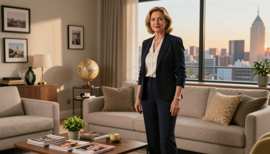 A middle-aged woman reminiscent of Kinga Rusin stands confidently in a well-lit, modern living room setting. She wears stylish professional attire, exuding an air of sophistication and warmth. In the foreground, there's a beautifully arranged coffee table with magazines and a small plant, suggesting a cozy yet chic atmosphere. The middle ground features tasteful decorations, like framed travel photos and a globe, hinting at her global lifestyle. The background reveals a large window showing a picturesque urban skyline during golden hour, bathed in soft, warm light. The overall mood is inviting and elegant, perfectly capturing the essence of her current living situation. The shot is taken with a slight angle from the side, enhancing the depth of the room and the character's charisma.