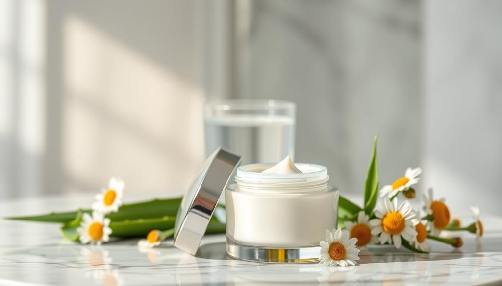 A modern and aesthetically pleasing skincare scene showcasing a moisturizing cream specifically designed for acne-prone skin. In the foreground, the cream jar is elegantly positioned with its lid slightly off, revealing the thick, creamy texture inside. Surrounding the jar are fresh, natural ingredients like aloe vera and chamomile flowers, symbolizing soothing properties. The middle layer features a softly blurred backdrop of a marble countertop with a delicate, light-reflecting glass of water. Gentle, diffused sunlight pours in from the left, creating a serene and inviting atmosphere. The overall mood is calm and nurturing, reflecting the importance of hydration and the protective hydrolipid barrier for acne-prone skin. No human subjects are present in the image.