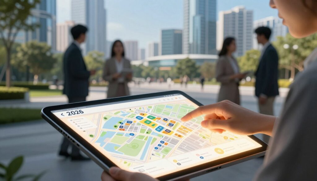A modern, digital interface displaying information about a residential area in 2026. The foreground features a sleek, illuminated tablet with a map highlighting key locations, neighborhoods, and public services, radiating a warm, inviting glow. In the middle ground, blurred silhouettes of people in professional attire are engaging with the digital display, symbolizing research and verification processes. The background shows a futuristic cityscape with high-rise buildings, trees, and parks under a bright blue sky, capturing a vibrant atmosphere. Soft, natural lighting enhances the scene, and a shallow depth of field focuses on the interaction with the display to draw attention to the innovative technology used for verifying residency information.