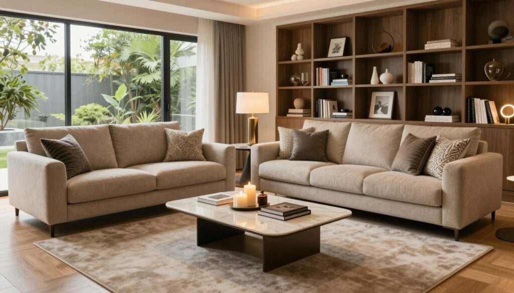 A modern living room interior showcasing stylish furniture and elegant decor. In the foreground, a plush, beige sofa with decorative cushions faces a sleek coffee table adorned with a tasteful arrangement of candles and books. In the middle, a spacious area with warm wooden flooring, a large area rug, and an inviting atmosphere enhanced by soft, ambient lighting from chic lamps. The background features a beautifully curated bookshelf filled with art books and decorative items, alongside large windows that allow natural light to flood the space, revealing lush greenery outside. The overall mood is cozy and sophisticated, highlighting the attention to detail in the Pazura home.