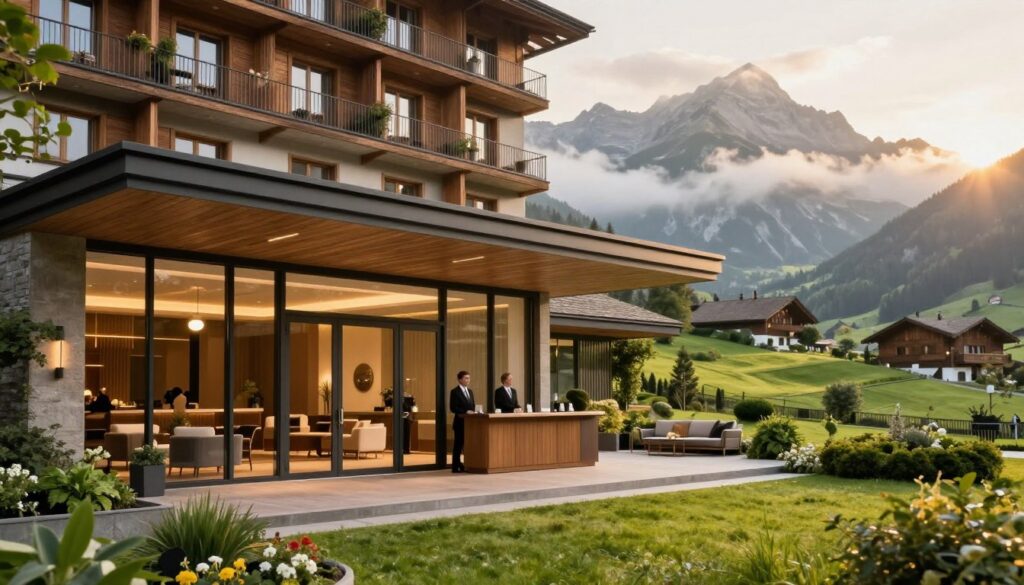 A modern luxury hotel set in a picturesque Swiss landscape, showcasing a blend of contemporary architecture and natural beauty. In the foreground, a grand entrance features elegant glass doors and manicured gardens. The middle ground reveals an inviting lobby with stylish furnishings, warm lighting, and a friendly concierge welcoming guests in professional attire. In the background, majestic Swiss mountains frame the hotel, partially shrouded in mist, creating a serene atmosphere. The scene is bathed in soft, golden hour sunlight, enhancing the warm colors of the hotel and the vibrant greens of the gardens. The overall mood is tranquil and sophisticated, evoking a sense of comfort and exclusivity for high-end travelers.