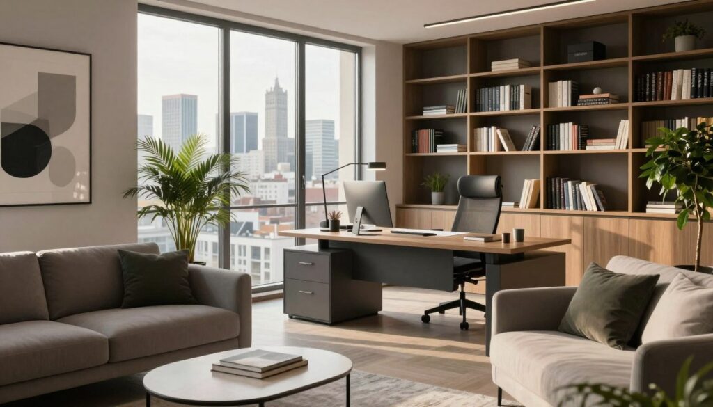 A modern office apartment in Warsaw, designed for professionalism and functionality. The foreground features a stylish living area with a sleek sofa, contemporary artwork, and a small coffee table. In the middle ground, a well-lit workspace with a large desk, an ergonomic chair, and bookshelves filled with professional literature, indicating a productive environment. The background shows large windows with a view of the Warsaw skyline, bathed in soft afternoon sunlight to create a warm and inviting atmosphere. The overall mood is sophisticated and business-like, with a color palette of neutral tones and pops of greenery from indoor plants, exuding both comfort and professionalism. The scene is devoid of any text or people, focusing solely on the elegant interior design that reflects a corporate living space. A modern office apartment in Warsaw, designed for professionalism and functionality. The foreground features a stylish living area with a sleek sofa, contemporary artwork, and a small coffee table. In the middle ground, a well-lit workspace with a large desk, an ergonomic chair, and bookshelves filled with professional literature, indicating a productive environment. The background shows large windows with a view of the Warsaw skyline, bathed in soft afternoon sunlight to create a warm and inviting atmosphere. The overall mood is sophisticated and business-like, with a color palette of neutral tones and pops of greenery from indoor plants, exuding both comfort and professionalism. The scene is devoid of any text or people, focusing solely on the elegant interior design that reflects a corporate living space.