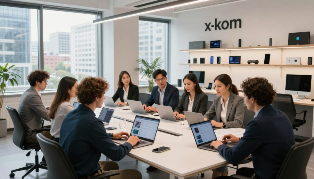 A modern office setting showcasing the essence of x-kom, with sleek, contemporary furniture and bright, engaging workspace. In the foreground, a diverse group of professionals dressed in smart business attire is collaborating around a large conference table. Each team member is engaged in vibrant discussions, analyzing data on laptops and tablets. In the middle ground, strategically placed shelves display the latest tech products, enhancing the atmosphere of innovation and advancement. The background features large windows that flood the space with natural light, revealing a bustling cityscape outside, symbolizing the dynamic nature of the Polish business scene. The overall mood is one of collaboration, ambition, and forward-thinking, with a subtle warmth emanating from the well-lit room, inviting creativity and teamwork.