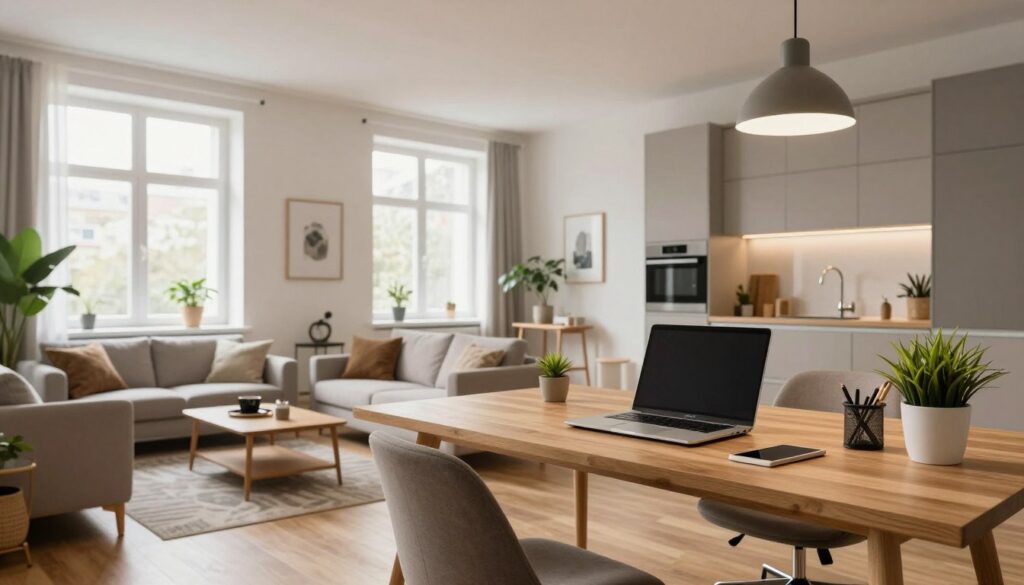 A modern, stylish apartment in Kraków, showcasing a blend of comfort and functionality as a workspace. In the foreground, a sleek wooden desk with a laptop and stationery, surrounded by potted plants and a comfortable chair, creating an inviting work environment. The middle features an open-concept living area with large windows letting in soft, natural light, illuminating a cozy sofa, coffee table, and tasteful decor. The background reveals a well-designed kitchen with minimalist cabinetry and elegant appliances. The atmosphere is bright and airy, with a relaxed yet professional mood, captured from a low angle to emphasize the spaciousness and warmth of the space. A modern, stylish apartment in Kraków, showcasing a blend of comfort and functionality as a workspace. In the foreground, a sleek wooden desk with a laptop and stationery, surrounded by potted plants and a comfortable chair, creating an inviting work environment. The middle features an open-concept living area with large windows letting in soft, natural light, illuminating a cozy sofa, coffee table, and tasteful decor. The background reveals a well-designed kitchen with minimalist cabinetry and elegant appliances. The atmosphere is bright and airy, with a relaxed yet professional mood, captured from a low angle to emphasize the spaciousness and warmth of the space.