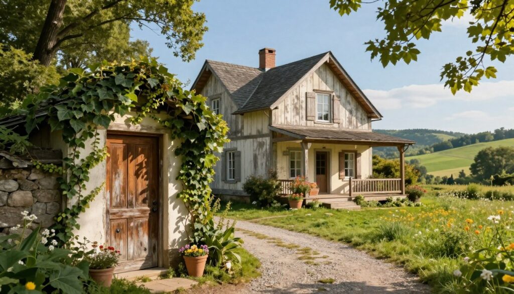 A picturesque countryside scene featuring a century-old house in need of renovation. The foreground reveals a charming, weathered wooden door accented by creeping ivy, and a small gravel path leading to it. In the middle ground, the house has a rustic facade with faded paint, large windows partially covered with wooden shutters, and a front porch adorned with potted flowers, giving it a homely, welcoming atmosphere. The background showcases a serene rural landscape, with rolling green hills under a clear blue sky, dotted with wildflowers. Soft, warm sunlight filters through the leaves of nearby trees, creating a peaceful, nostalgic vibe. The image should evoke a sense of tranquility and connection to nature. A picturesque countryside scene featuring a century-old house in need of renovation. The foreground reveals a charming, weathered wooden door accented by creeping ivy, and a small gravel path leading to it. In the middle ground, the house has a rustic facade with faded paint, large windows partially covered with wooden shutters, and a front porch adorned with potted flowers, giving it a homely, welcoming atmosphere. The background showcases a serene rural landscape, with rolling green hills under a clear blue sky, dotted with wildflowers. Soft, warm sunlight filters through the leaves of nearby trees, creating a peaceful, nostalgic vibe. The image should evoke a sense of tranquility and connection to nature.