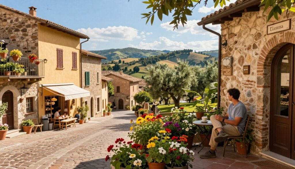 A picturesque scene depicting life in Perugia, Italy, outside of the athletic season. In the foreground, a cozy home with rustic Italian architecture features a small garden filled with vibrant flowers. A trainer in modest casual clothing sits on a terrace, enjoying the view with a coffee in hand, embodying a relaxed atmosphere. In the middle ground, charming cobblestone streets lined with colorful houses and local shops invite exploration. The background reveals rolling hills and olive groves under a bright blue sky, suggesting tranquility. The image is softly illuminated by warm, golden sunlight, creating a serene and inviting mood, ideal for illustrating everyday life in this beautiful city.