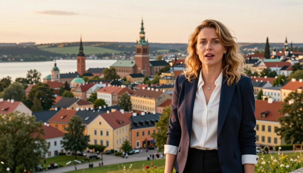 A picturesque scene depicting the dual landscapes of Poland and Sweden, capturing Joanna Liszowska in a vibrant moment. In the foreground, Joanna, dressed in a stylish yet professional outfit, stands confidently, her expression expressive and engaging. The middle ground features iconic elements of Polish architecture, such as colorful townhouses, alongside Swedish landmarks, like a serene lake or forested area. The background showcases a blend of rolling hills, capturing both Polish countryside and Swedish natural beauty, under a soft, golden sunset lighting that creates a warm, inviting atmosphere. The composition is shot from a slightly elevated angle, providing depth and perspective, evoking a sense of connection to both countries.