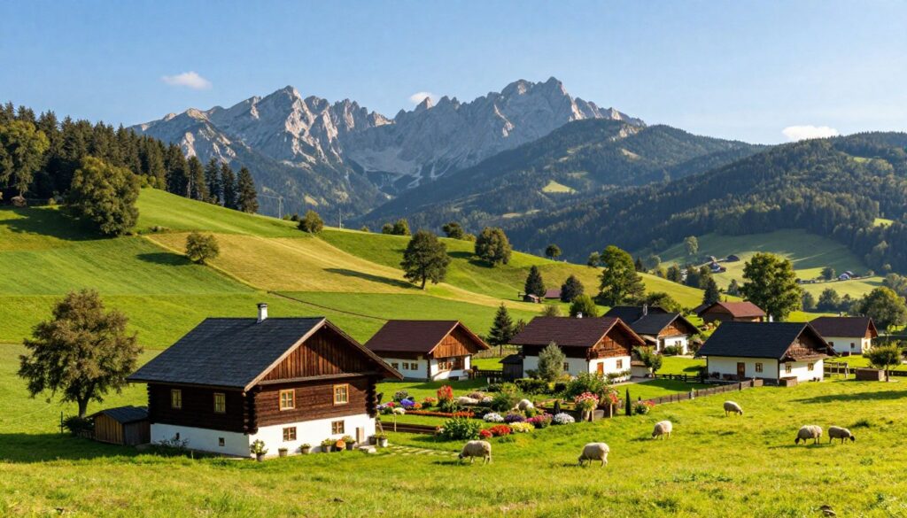 A picturesque view of Lipnica Wielka, a charming village nestled at the foot of Babia Góra mountain. In the foreground, a quaint family farm with a rustic wooden house and lush green fields, dotted with grazing sheep. A vibrant garden blooms with colorful flowers, symbolizing rural life. In the middle ground, gentle rolling hills and scattered trees create a serene landscape under a bright blue sky, illuminated by soft, warm sunlight. In the background, the majestic peaks of Babia Góra rise dramatically, their slopes covered in patches of evergreen trees. The atmosphere is peaceful and idyllic, capturing the essence of traditional Polish countryside living. The image should be taken from a slightly elevated angle, emphasizing the expansive view of the farm and the surrounding nature. A picturesque view of Lipnica Wielka, a charming village nestled at the foot of Babia Góra mountain. In the foreground, a quaint family farm with a rustic wooden house and lush green fields, dotted with grazing sheep. A vibrant garden blooms with colorful flowers, symbolizing rural life. In the middle ground, gentle rolling hills and scattered trees create a serene landscape under a bright blue sky, illuminated by soft, warm sunlight. In the background, the majestic peaks of Babia Góra rise dramatically, their slopes covered in patches of evergreen trees. The atmosphere is peaceful and idyllic, capturing the essence of traditional Polish countryside living. The image should be taken from a slightly elevated angle, emphasizing the expansive view of the farm and the surrounding nature.
