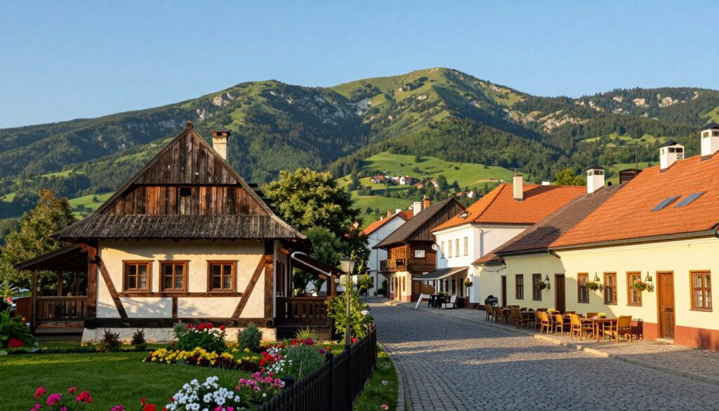 A picturesque view of Nowa Ruda, Poland, bathed in warm afternoon sunlight. In the foreground, a quaint, traditional Polish house with rustic wooden beams and a garden blooming with colorful flowers. The middle ground features winding cobblestone streets lined with charming cafes and shops, showcasing the town's local character. In the background, the lush green hills of the Sudetes mountains rise majestically against a clear blue sky. The overall mood is serene and inviting, evoking a sense of home and musical inspiration. The image is captured with a wide-angle lens, emphasizing the depth of the scene, while soft lighting enhances the warm colors of the landscape.