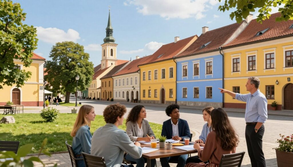 A picturesque view of Resko, Poland, highlighting the quaint town square with vibrant yellow and blue buildings typical of the region's architecture. In the foreground, include a small group of diverse students of various ethnicities, dressed in smart casual attire, sitting at an outdoor café, engaged in animated discussions, while a teacher stands nearby, pointing towards a historical building. The middle ground showcases lush greenery and charming streets lined with trees, leading towards the iconic church steeple rising in the background. Bright, warm sunlight casts soft shadows, creating an inviting atmosphere, with a clear blue sky above. The overall mood should reflect a sense of community and education, capturing the essence of Resko as a place of learning and cultural ties. A picturesque view of Resko, Poland, highlighting the quaint town square with vibrant yellow and blue buildings typical of the region's architecture. In the foreground, include a small group of diverse students of various ethnicities, dressed in smart casual attire, sitting at an outdoor café, engaged in animated discussions, while a teacher stands nearby, pointing towards a historical building. The middle ground showcases lush greenery and charming streets lined with trees, leading towards the iconic church steeple rising in the background. Bright, warm sunlight casts soft shadows, creating an inviting atmosphere, with a clear blue sky above. The overall mood should reflect a sense of community and education, capturing the essence of Resko as a place of learning and cultural ties.