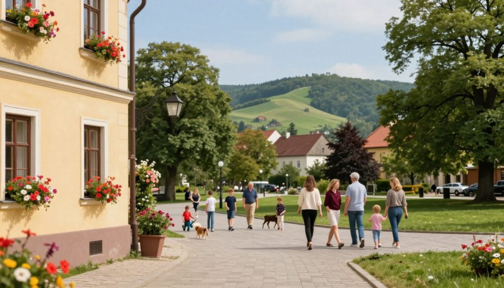 A picturesque view of Rybnik, Poland, capturing the essence of the Silesian region. In the foreground, showcase a charming historic building, perhaps an old tenement, with blooming flowers in vibrant colors along the sidewalk. In the middle ground, depict a serene park with families enjoying their day, children playing, and people walking their dogs, all dressed in smart casual wear, reflecting the community’s friendly atmosphere. The background features rolling green hills typical of the Silesian landscape, with a clear blue sky overhead, adding a sense of openness. Use soft, warm lighting to create an inviting and pleasant mood, with a slight depth of field to focus on the foreground while gently blurring the background elements.