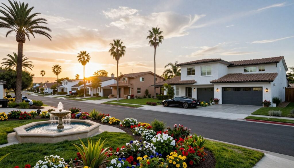 A picturesque view of a luxurious neighborhood in California, showcasing elegant modern homes with palm trees lining the streets. In the foreground, a well-manicured garden features vibrant flowers and a tranquil fountain, conveying a sense of peace. The middle ground displays a spacious driveway with a sleek black sports car parked outside one of the homes, symbolizing affluence. In the background, the sun is setting, casting a warm golden glow across the scene, with a few wispy clouds adding depth to the sky. The atmosphere feels serene and exclusive, perfectly reflecting an ideal California lifestyle. The image should evoke a sense of safety and comfort, without any human figures present. Natural light enhances the colors, and the perspective should be slightly elevated, providing a panoramic view of this tranquil California haven. A picturesque view of a luxurious neighborhood in California, showcasing elegant modern homes with palm trees lining the streets. In the foreground, a well-manicured garden features vibrant flowers and a tranquil fountain, conveying a sense of peace. The middle ground displays a spacious driveway with a sleek black sports car parked outside one of the homes, symbolizing affluence. In the background, the sun is setting, casting a warm golden glow across the scene, with a few wispy clouds adding depth to the sky. The atmosphere feels serene and exclusive, perfectly reflecting an ideal California lifestyle. The image should evoke a sense of safety and comfort, without any human figures present. Natural light enhances the colors, and the perspective should be slightly elevated, providing a panoramic view of this tranquil California haven.