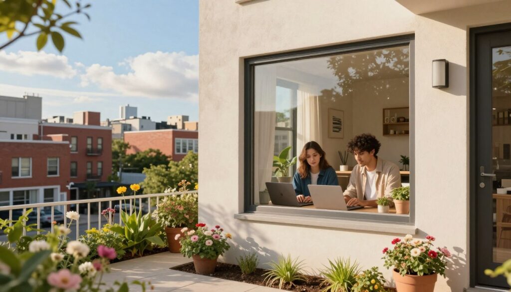 A picturesque view of a modern urban neighborhood, featuring a charming residential building where two young content creators, Sarah and Victor, might live. In the foreground, a small garden with blooming flowers and a cozy seating area suggests a welcoming atmosphere. In the middle ground, the two creators are seen through a large window, engrossed in their work with laptops, dressed in smart casual clothing. The background showcases a vibrant cityscape under a clear blue sky with softly drifting clouds, emphasizing a friendly and creative environment. The lighting is warm and inviting, casting a gentle glow throughout the scene. The angle is slightly elevated, capturing both the intimate interior and the lively exterior, evoking a sense of community and creativity. A picturesque view of a modern urban neighborhood, featuring a charming residential building where two young content creators, Sarah and Victor, might live. In the foreground, a small garden with blooming flowers and a cozy seating area suggests a welcoming atmosphere. In the middle ground, the two creators are seen through a large window, engrossed in their work with laptops, dressed in smart casual clothing. The background showcases a vibrant cityscape under a clear blue sky with softly drifting clouds, emphasizing a friendly and creative environment. The lighting is warm and inviting, casting a gentle glow throughout the scene. The angle is slightly elevated, capturing both the intimate interior and the lively exterior, evoking a sense of community and creativity.