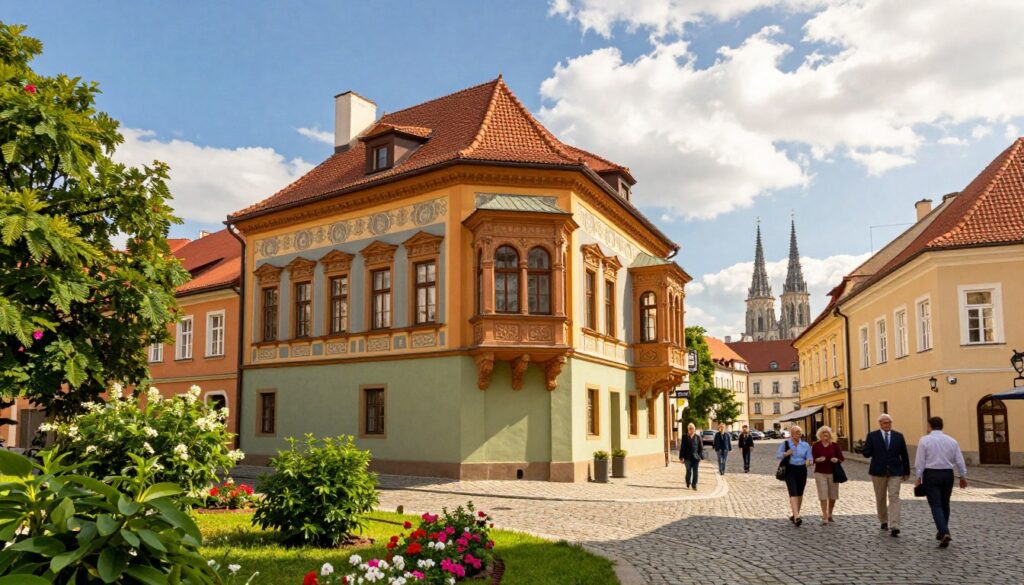 A picturesque view of a traditional Wrocław house featuring intricate architectural details, such as colorful façades and ornate balconies. In the foreground, lush greenery and blooming flowers enhance the charm of the scene. The middle ground showcases a cobblestone street leading to the house, populated by people in professional attire, casually walking or chatting. In the background, the iconic Gothic-style buildings of Wrocław can be seen under a bright blue sky with soft, fluffy clouds. The lighting is warm and inviting, emphasizing the vibrant colors of the houses and the serene atmosphere of the city. The angle captures both the house and the lively street life, evoking a sense of community and home. A picturesque view of a traditional Wrocław house featuring intricate architectural details, such as colorful façades and ornate balconies. In the foreground, lush greenery and blooming flowers enhance the charm of the scene. The middle ground showcases a cobblestone street leading to the house, populated by people in professional attire, casually walking or chatting. In the background, the iconic Gothic-style buildings of Wrocław can be seen under a bright blue sky with soft, fluffy clouds. The lighting is warm and inviting, emphasizing the vibrant colors of the houses and the serene atmosphere of the city. The angle captures both the house and the lively street life, evoking a sense of community and home.